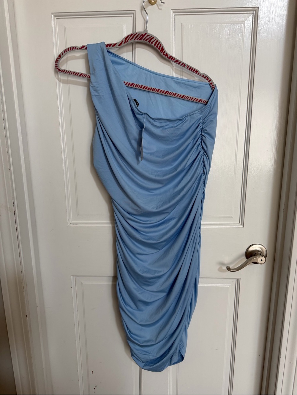 NWT Pretty Garden Ice Blue One Shoulder Rauched Bodycon Midi Dress Size L - Picture 3 of 6